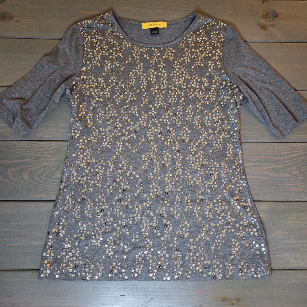St John Embellished Knit Top Gray Rhinestone Studded Stretch Size S